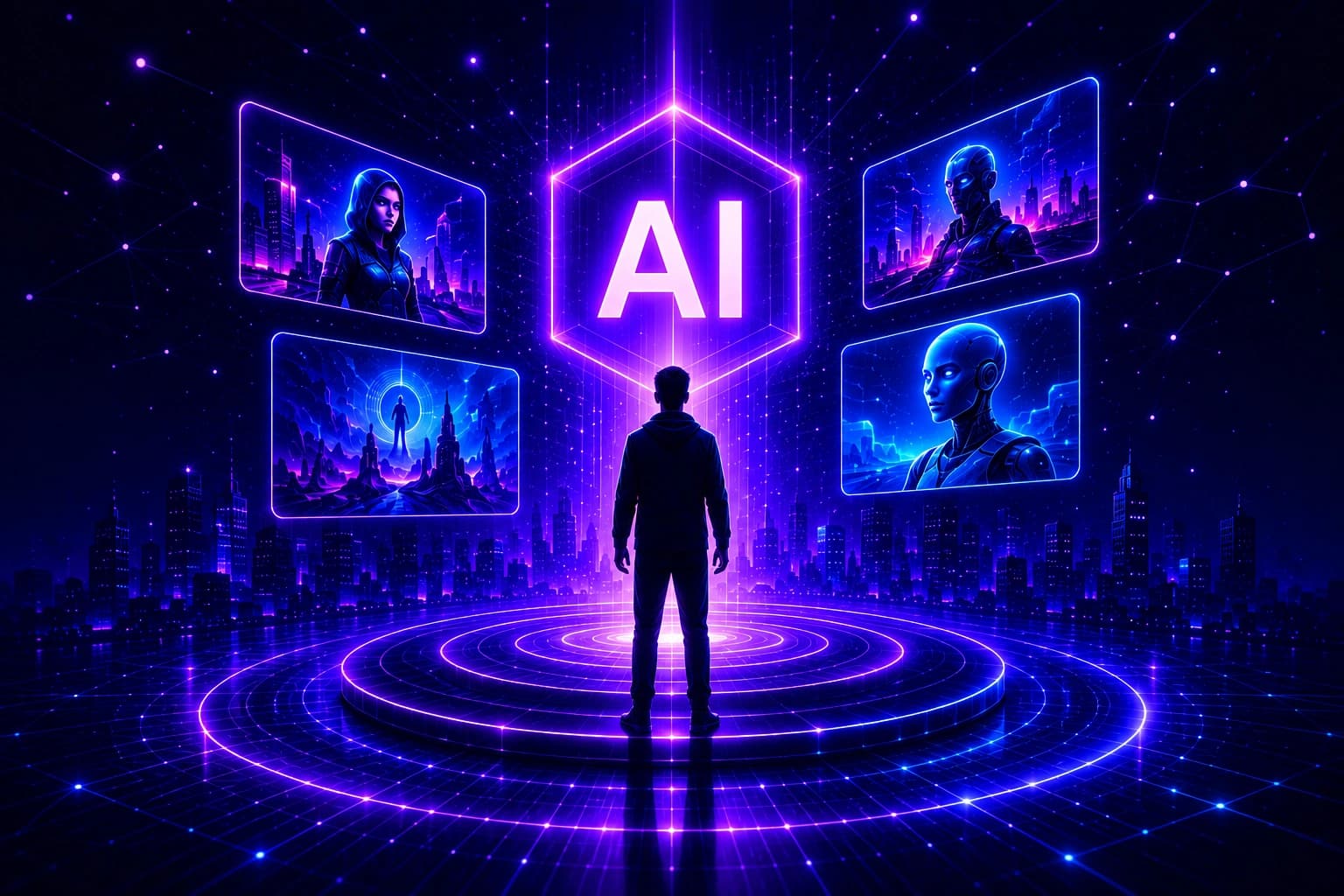 Digital scene generation workspace with glowing AI panels