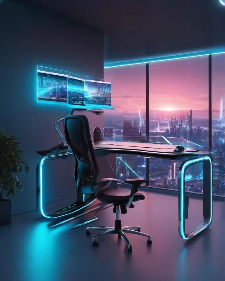 Futuristic cyan and violet creative studio workspace