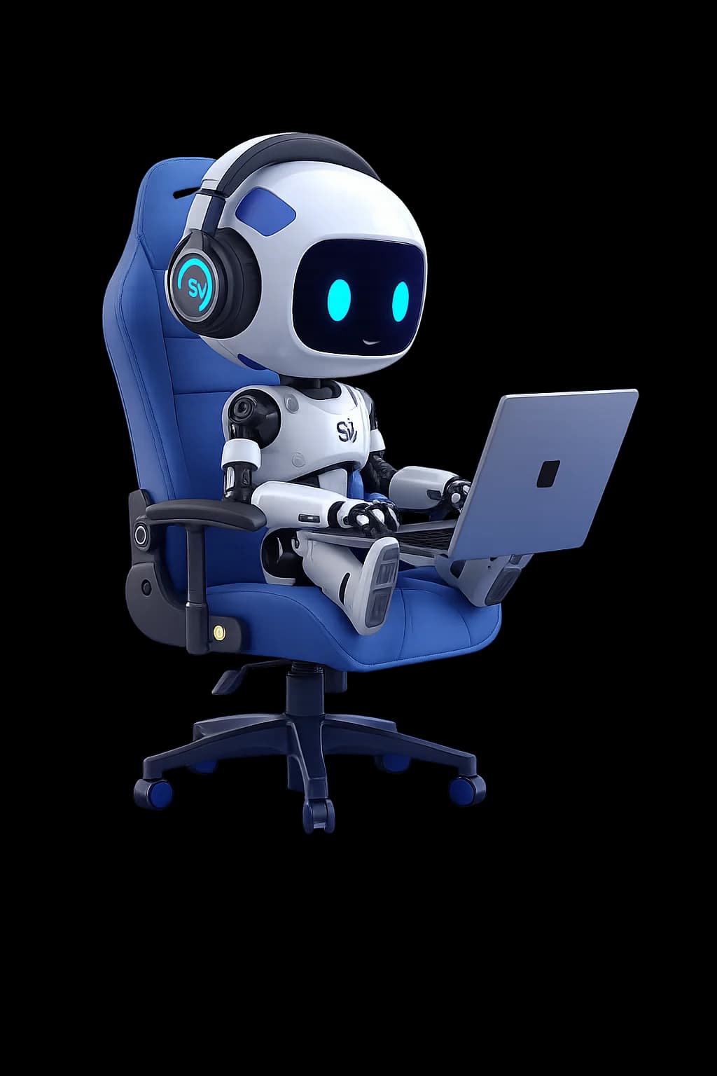 StoryVisAI assistant robot working on a laptop